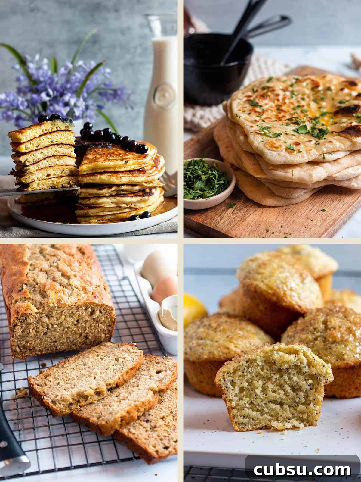 25 Creative Uses for Sourdough Discard: Recipes & Tips 2 Four photos of different sourdough discard baked goods. Pancakes, naan, banana bread and muffins