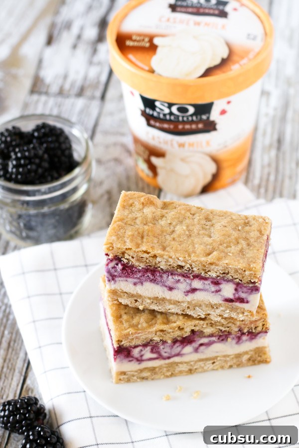 Gluten-Free Vegan Blackberry Crisp Ice Cream Sandwiches 3 Gluten Free Vegan Blackberry Crisp Ice Cream Sandwiches. Creamy blackberry swirled So Delicious cashew milk ice cream, sandwiched between two oatmeal crisp cookies.