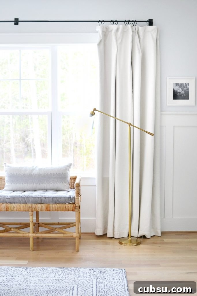 shore bench in our neutral master bedroom