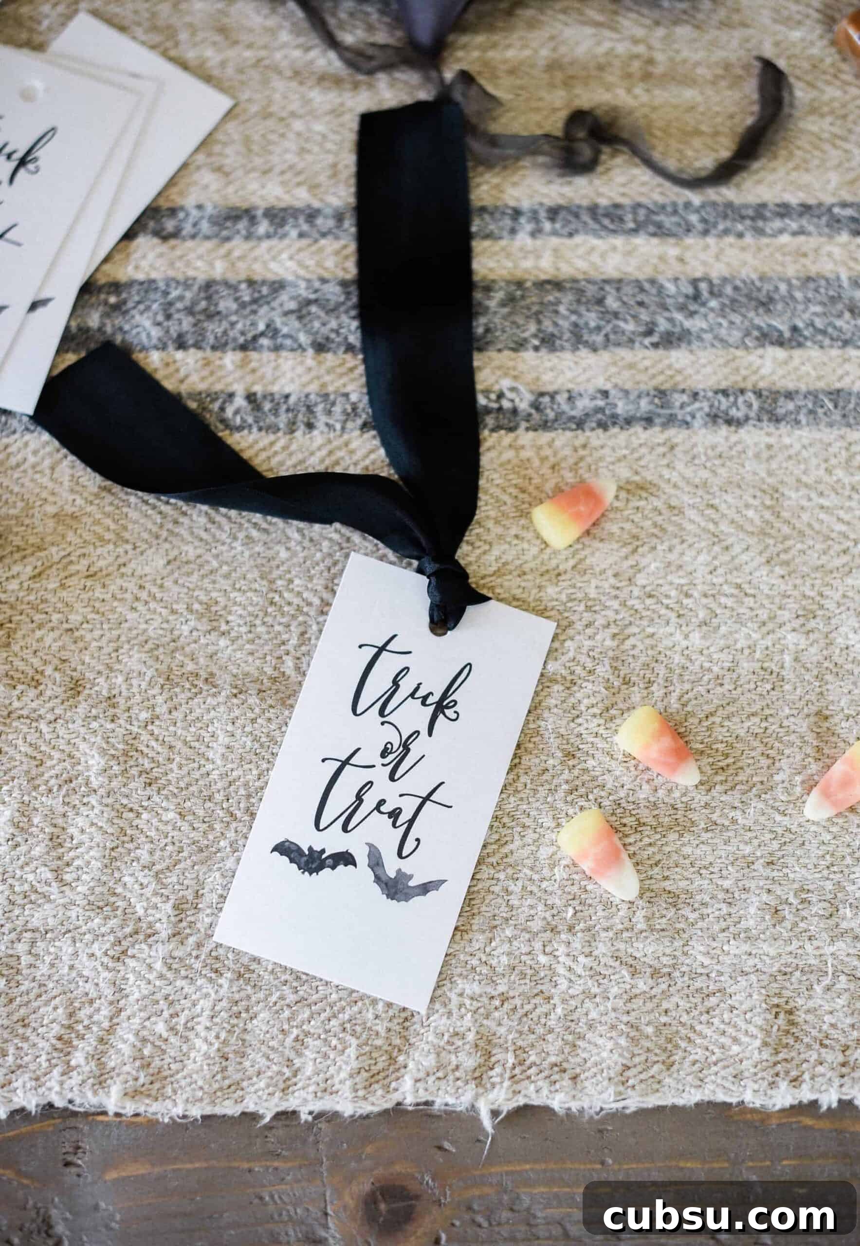 Printable Halloween Tag on Table with Black Ribbon