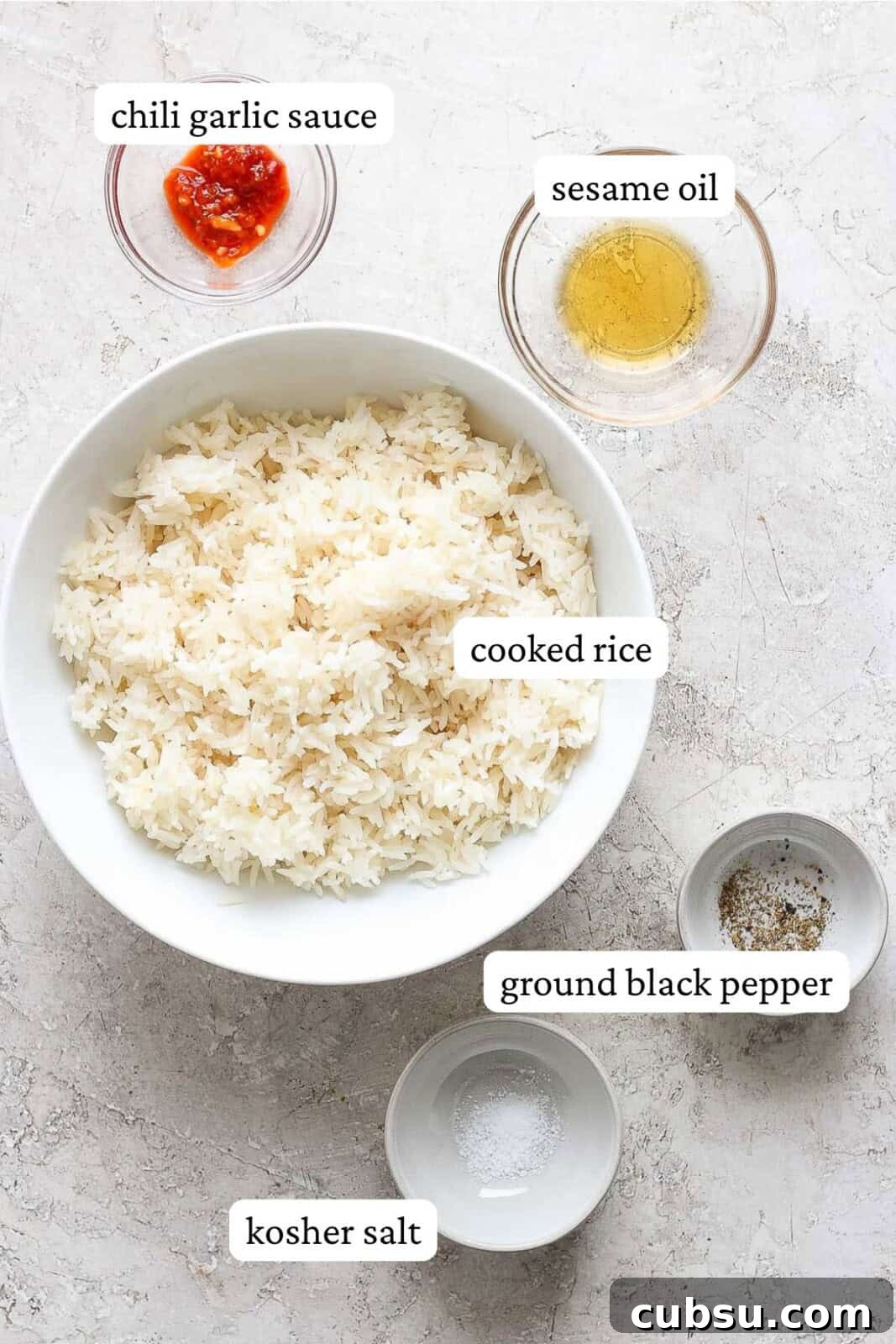 Crispy Oven and Air Fryer Rice: Step-by-Step Guide for Crunchy Rice 3 Ingredients for crispy rice separated into bowls.