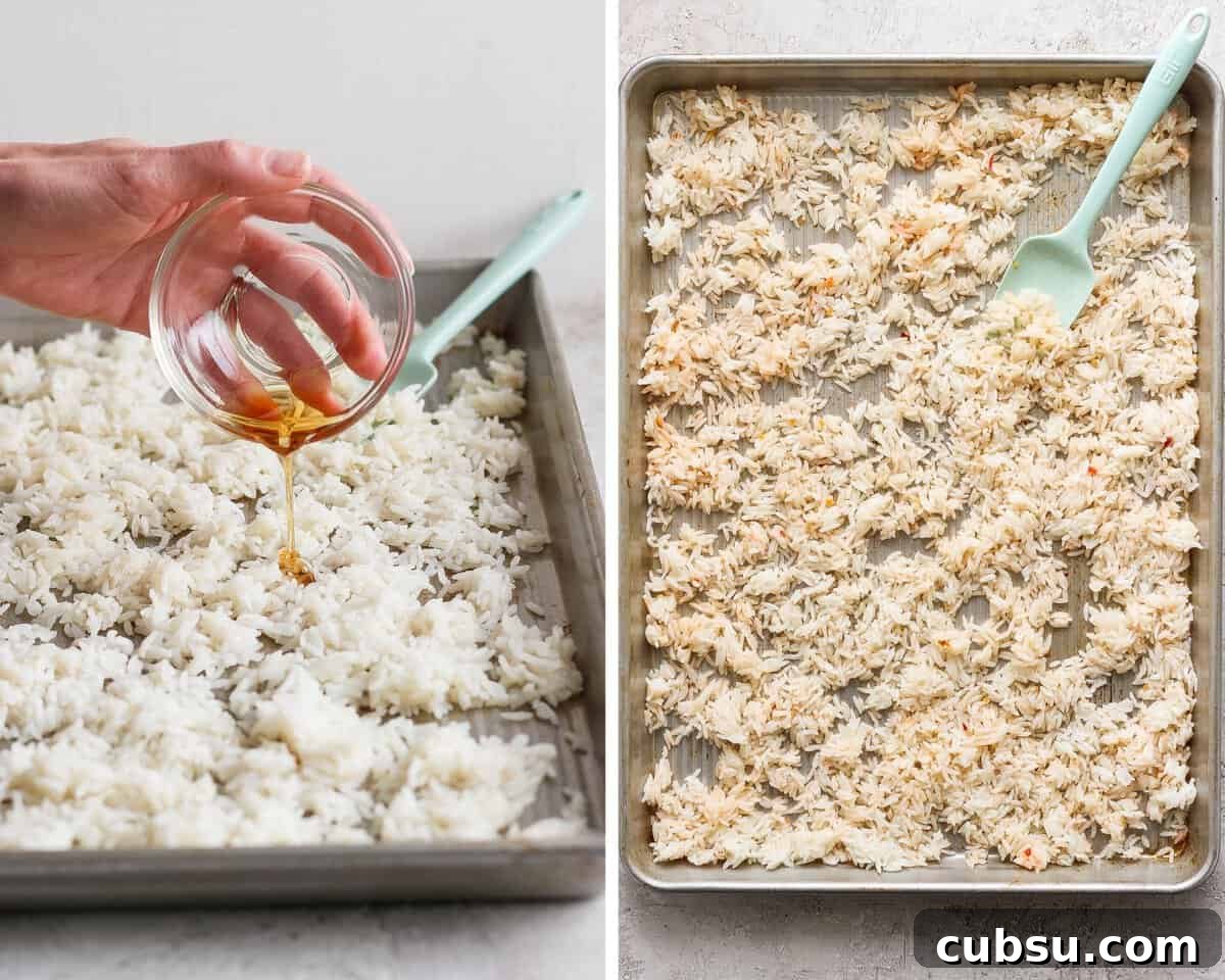 Crispy Oven and Air Fryer Rice: Step-by-Step Guide for Crunchy Rice 4 Two images showing the sesame oil being poured on the cooked rice and then everything tossed on a baking sheet.