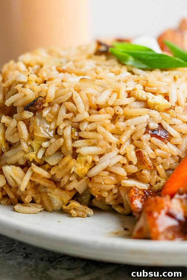 Crispy Oven and Air Fryer Rice: Step-by-Step Guide for Crunchy Rice 9 Side angle shot of a scoop of hibachi fried rice on a plate next to some veggies.