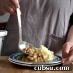 Slow Cooker Pork in Cider and Mustard Sauce 17 Woman’s serving up slow cooker pork in cider from s white slow cooker pot onto a blue and white plate