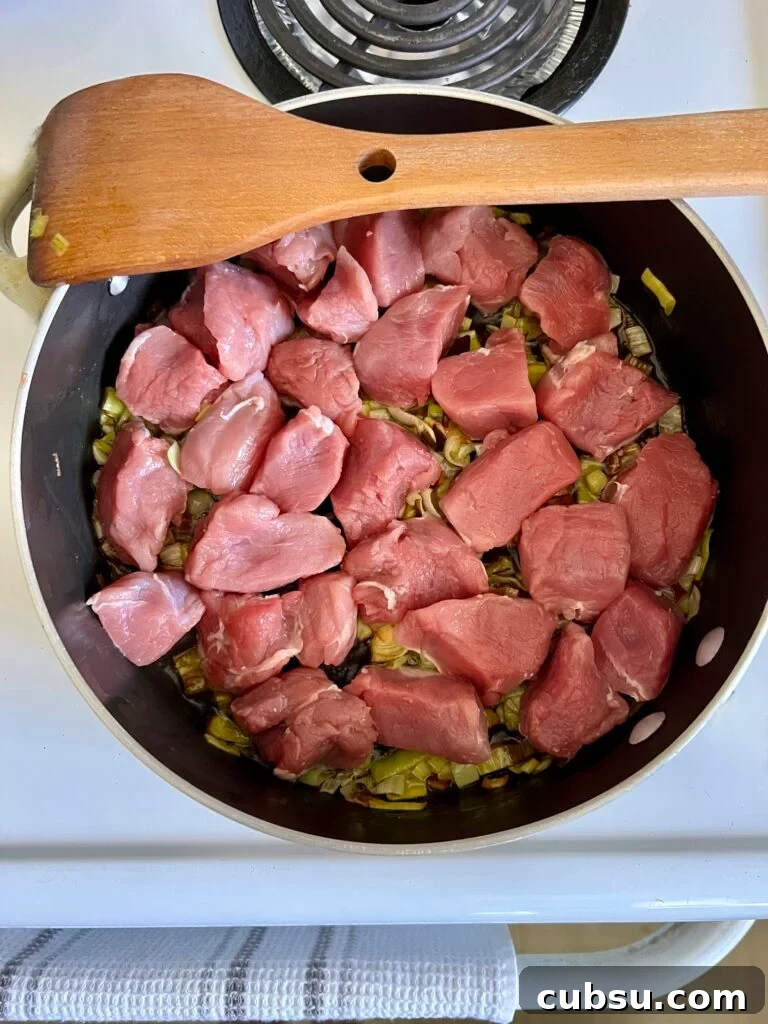 Pork tenderloin with leeks is a rustic Greek recipe known as hirino me praso.