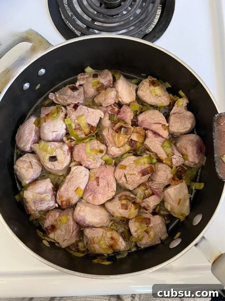 Pork tenderloin with leeks is a rustic Greek recipe known as hirino me praso.