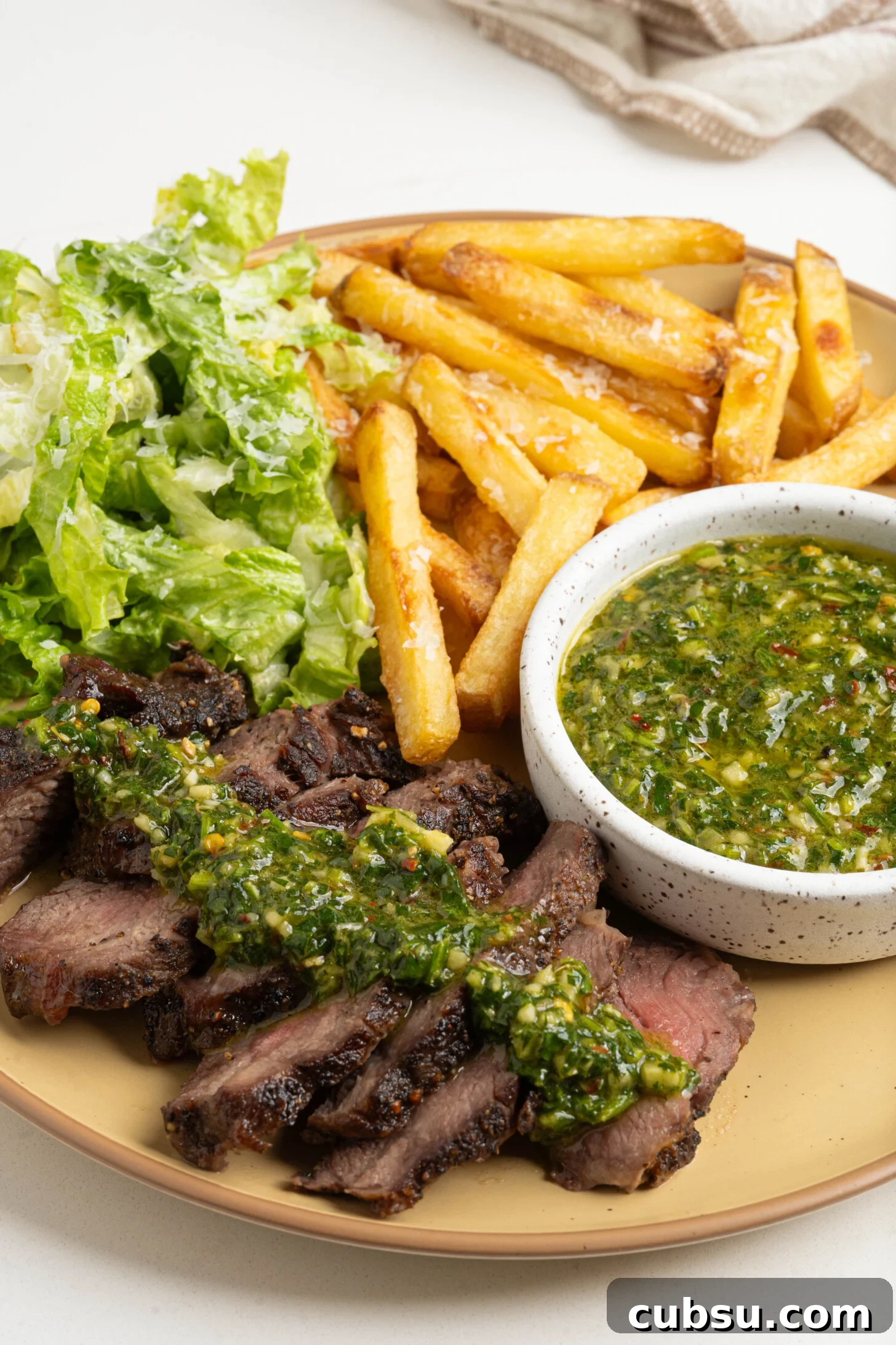 A plate of steak and fries with chimichurri.