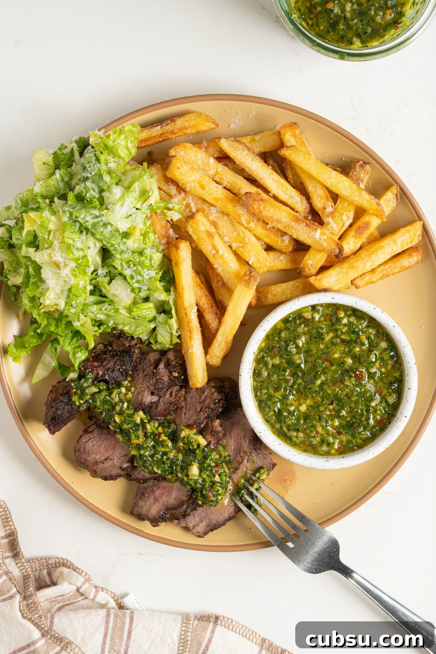 A plate of steak and fries with chimichurri.