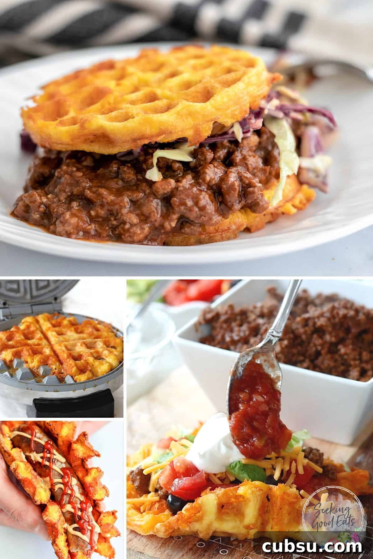 Crispy Cheddar Chaffle Recipe: Low-Carb Keto Waffle Guide 2 A compilation of four chaffle recipes being served.