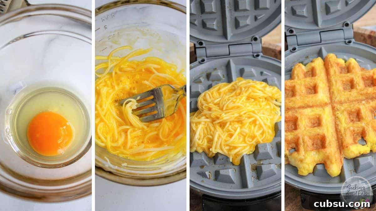 Crispy Cheddar Chaffle Recipe: Low-Carb Keto Waffle Guide 3 Four steps for making chaffles from mixing ingredients to cooking in a waffle maker.