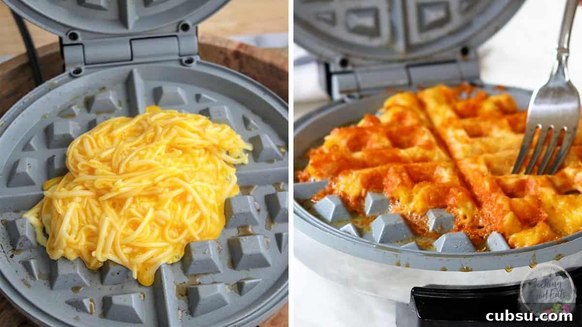 Crispy Cheddar Chaffle Recipe: Low-Carb Keto Waffle Guide 4 adding the chaffle batter to a waffle maker and cooking.