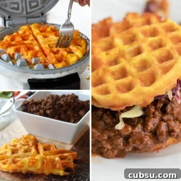 Crispy Cheddar Chaffle Recipe: Low-Carb Keto Waffle Guide 5 Chaffles being cooked in a waffle maker and served on a white plate.