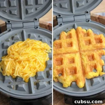 Crispy Cheddar Chaffle Recipe: Low-Carb Keto Waffle Guide 7 Cooking chaffles by pouring mixture onto a hot waffle iron.