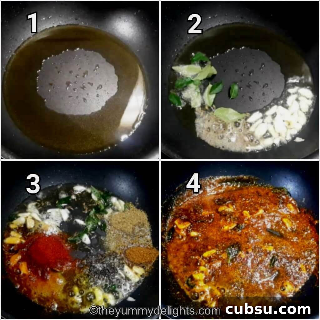 Crispy Pan-Fried Boiled Eggs with Spices — Quick Recipe 4 collage image of 4 steps showing making egg fry. It shows sauteing curry leaves and garlic and addition of spice powders to make masala for egg fry recipe.