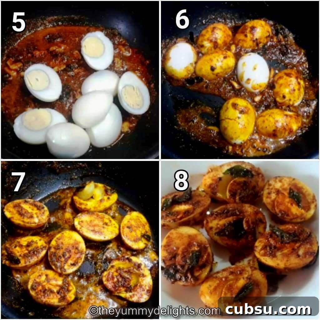 Crispy Pan-Fried Boiled Eggs with Spices — Quick Recipe 5 collage image of 4 steps showing how to make egg fry. It shows coating the boiled egg halves in spicy masala.
