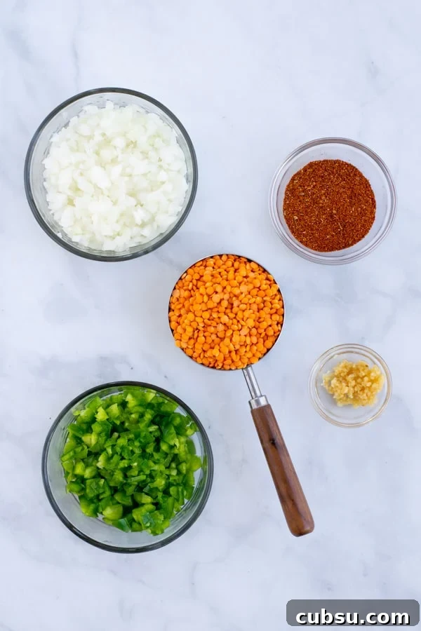 simple ingredients needed to make easy vegetarian red lentil taco 'meat'