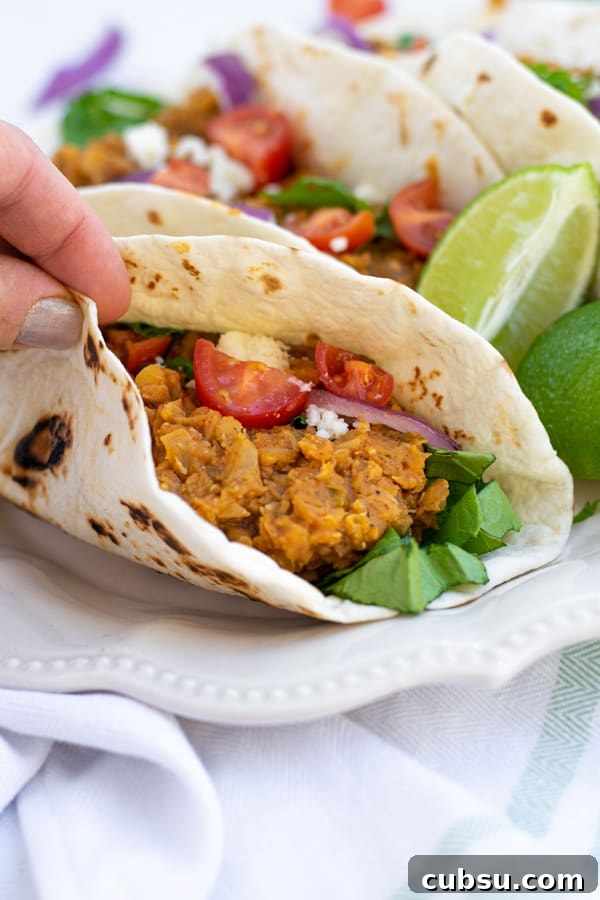 hand holding a red lentil taco in a flour tortilla
