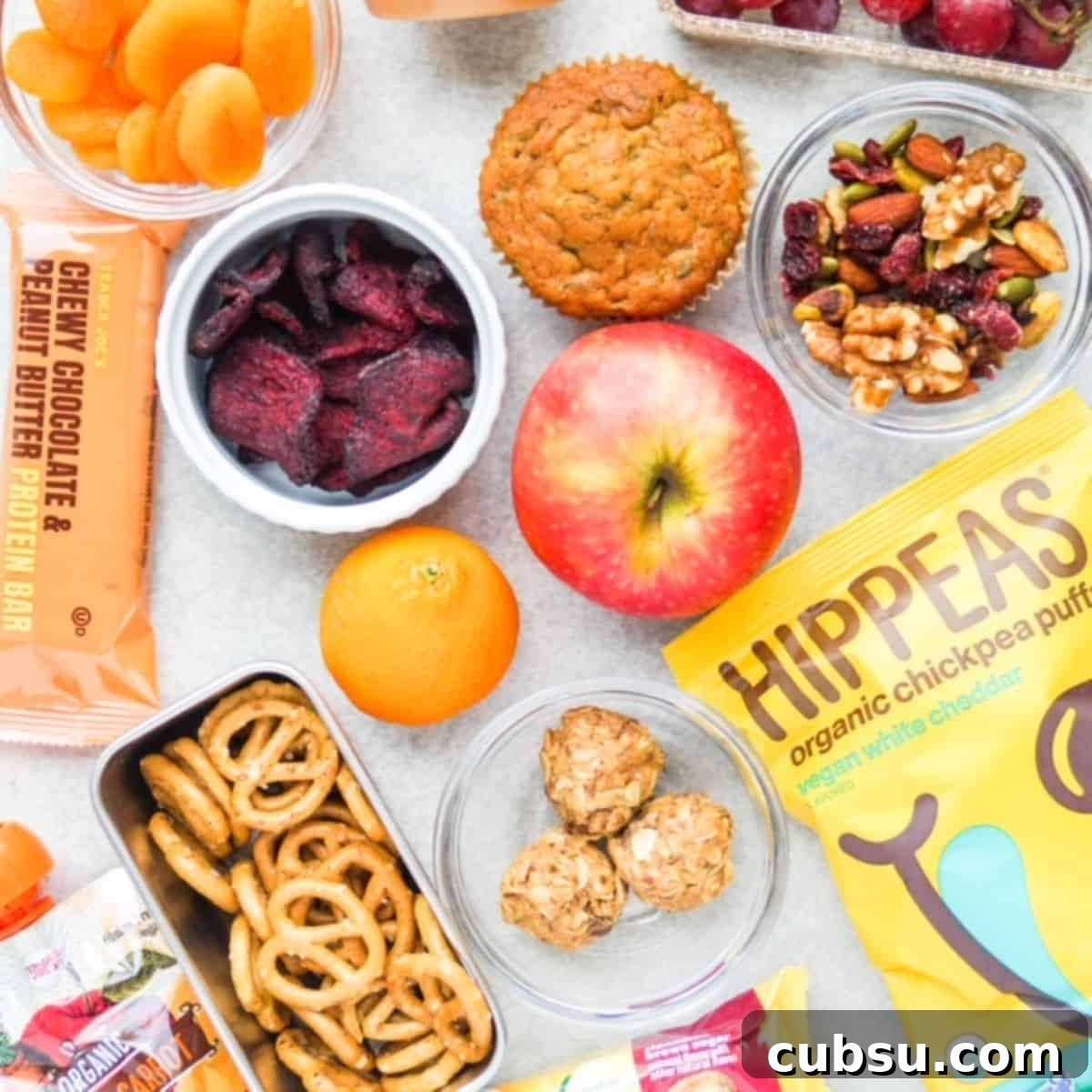 Lunch box snack ideas served individually: dried apricots, protein bar, beet chips, spelt pretzels, fruit crusher, energy bites, clementine, apple, bag of HIPPEAS, trail mix, and muffin.
