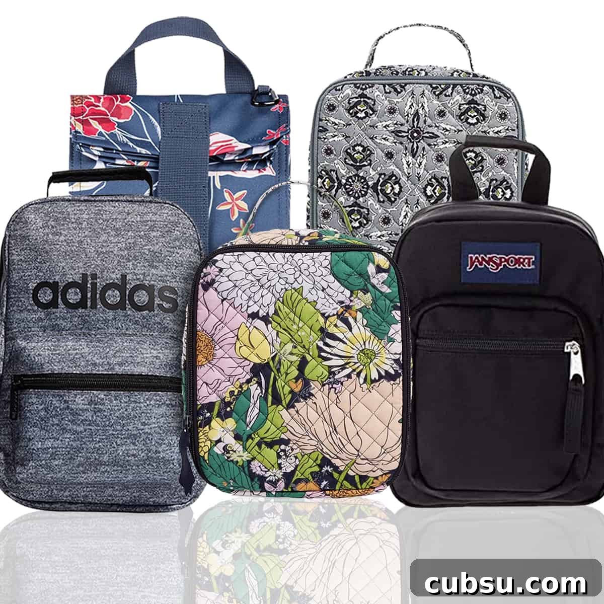 Square image of five lunch boxes for teenagers: one Adidas black and grey lunch box, two Vera Bradley lunch boxes (one with a floral print and another with a black and grey print), one black Jansport backpack style lunch box, and one blue Roxy lunch bag with red floral detail.