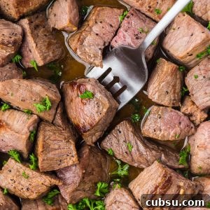 Garlic Butter Steak Bites Recipe: Tender Seared Beef with Herb Sauce 11 Garlic Butter Steak Bites are steak cubes cooked in a mouthwatering garlic butter sauce. Each juicy and tender bite leaves you wanting more!