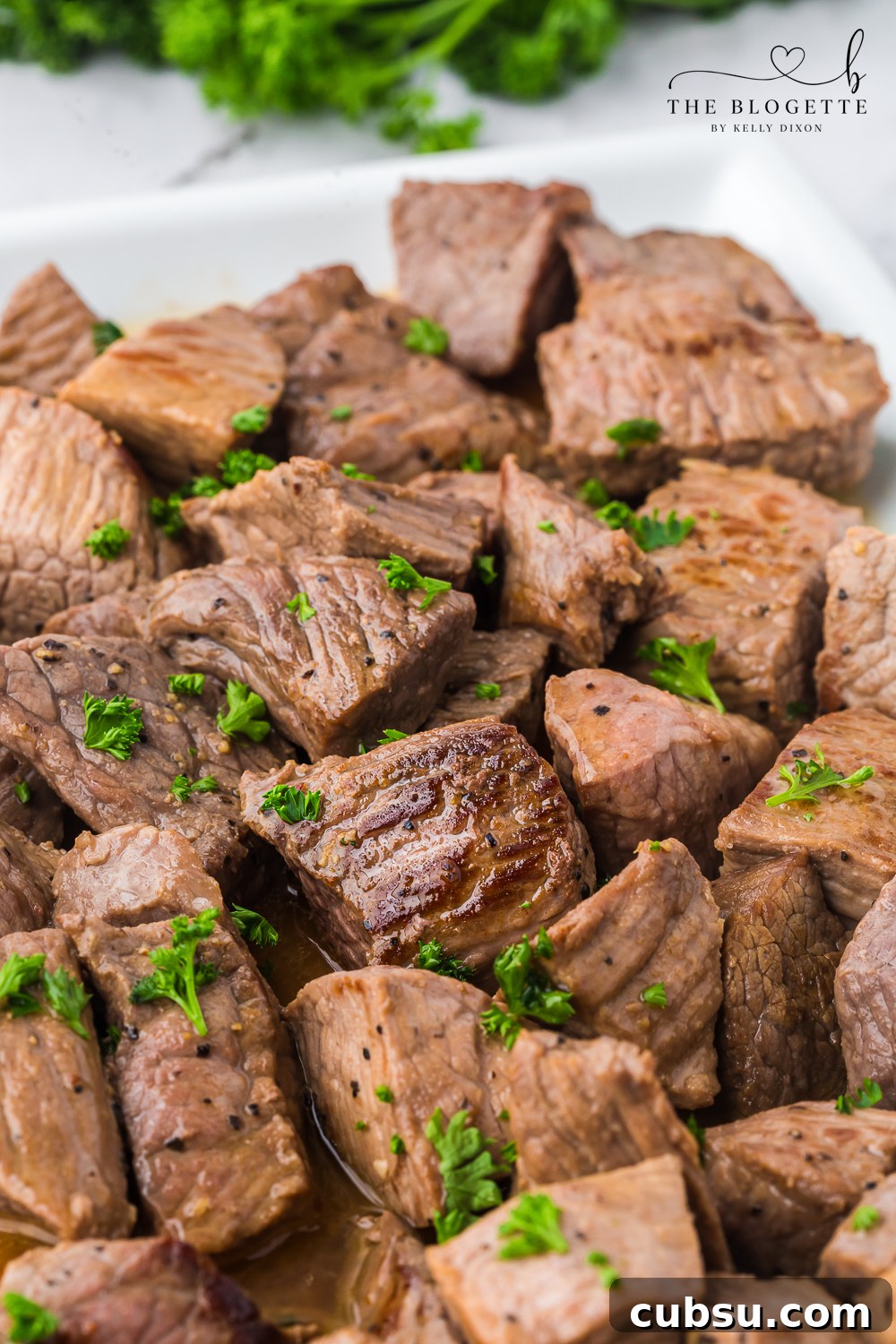 Garlic Butter Steak Bites Recipe: Tender Seared Beef with Herb Sauce 3 Garlic Butter Steak Bites are steak cubes cooked in a mouthwatering garlic butter sauce. Each juicy and tender bite leaves you wanting more!