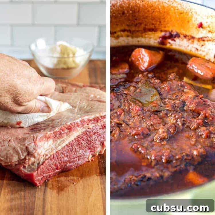 Yankee Pot Roast starts with a pan seared, seasoned beef brisket that gets braised then served with vegetables and a gravy made from the braising liquid. beef brisket dry and in braising liquid pot