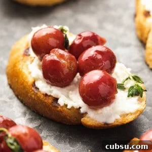 Roasted Grapes Recipe: Sweet Caramelized Grapes for Savory Dishes 6 crostini with roasted red grapes and ricotta