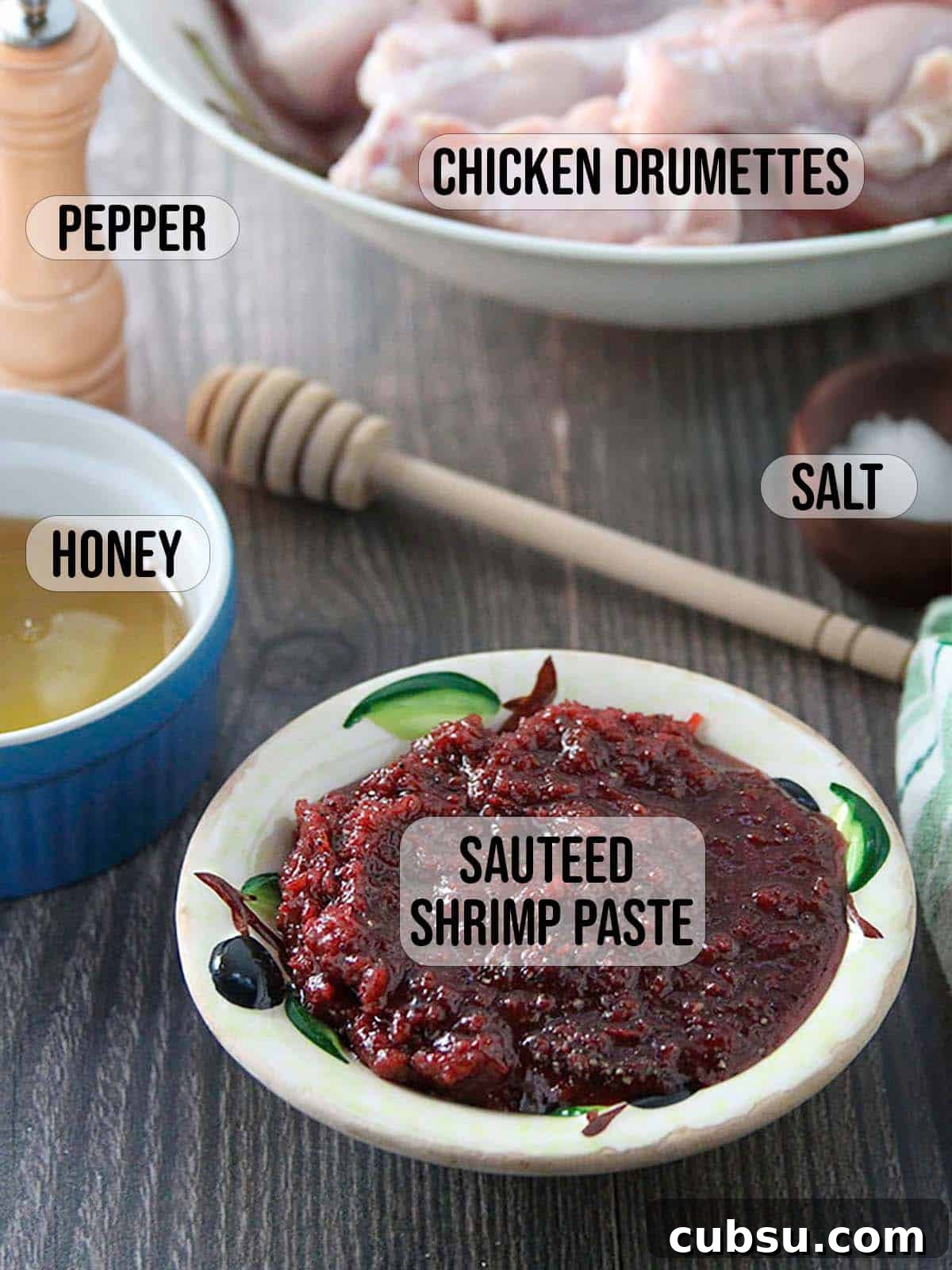 chicken wings, shrimp paste, honey, salt, pepper.