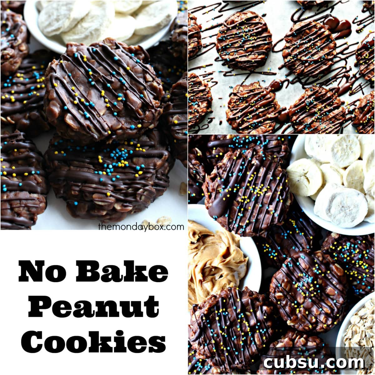 No Bake Peanut Cookies collage showing Chocolate Peanut Butter Banana Cookies.