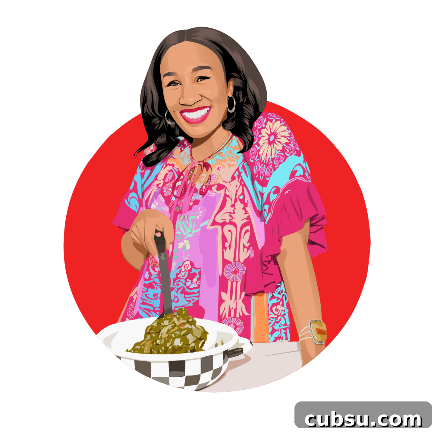 Illustrated portrait of Shaunda Necole, soul food expert and founder of The Soul Food Pot®, serving Southern-style collard greens.