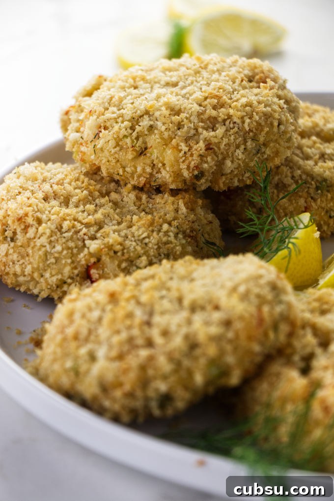 Crispy Dungeness Crab Cakes with Lemon Aioli Recipe 8 Several panko breaded crab cakes on a plate.