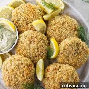 Crispy Dungeness Crab Cakes with Lemon Aioli Recipe 9 Overhead photo of six Dungeness crab cakes.