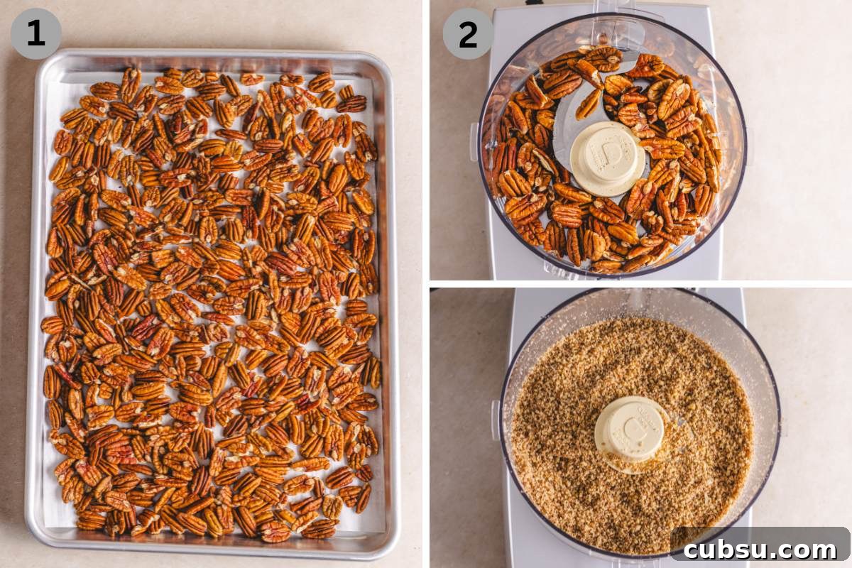 How to Make Pecan Flour at Home for Baking and Paleo Recipes 4 pecan flour on a baking sheet, and baked pecan processed in the bowl of a food processor.