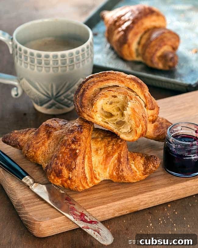 close up on homemade croissants on a wooden board