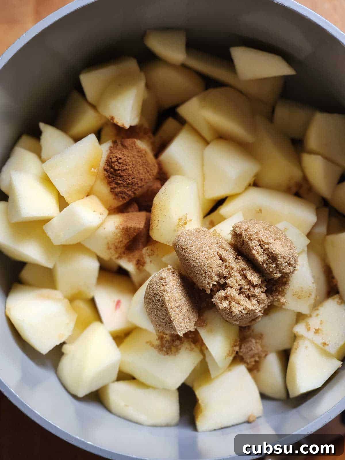 Ingredients for Honeycrisp applesauce in a pot.