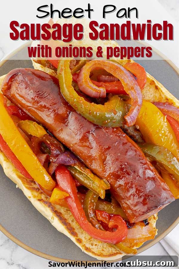 pinterest pin image for Sheet Pan Polish Sausage Sandwich