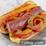 square, close up pic of Sheet Pan Polish Sausage Sandwich Recipe