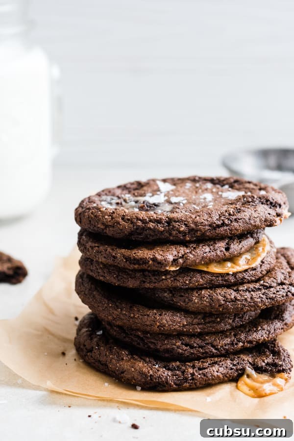 Fudgy, chocolate cookies with crisp edges, filled with a simple homemade caramel sauce, and topped off with a little flaky sea salt. Caramel-Stuffed Chocolate Cookies