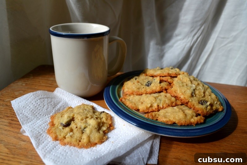 A plate of Coconut Raisin Mason Jar Cookies sit beside a cup of coffee