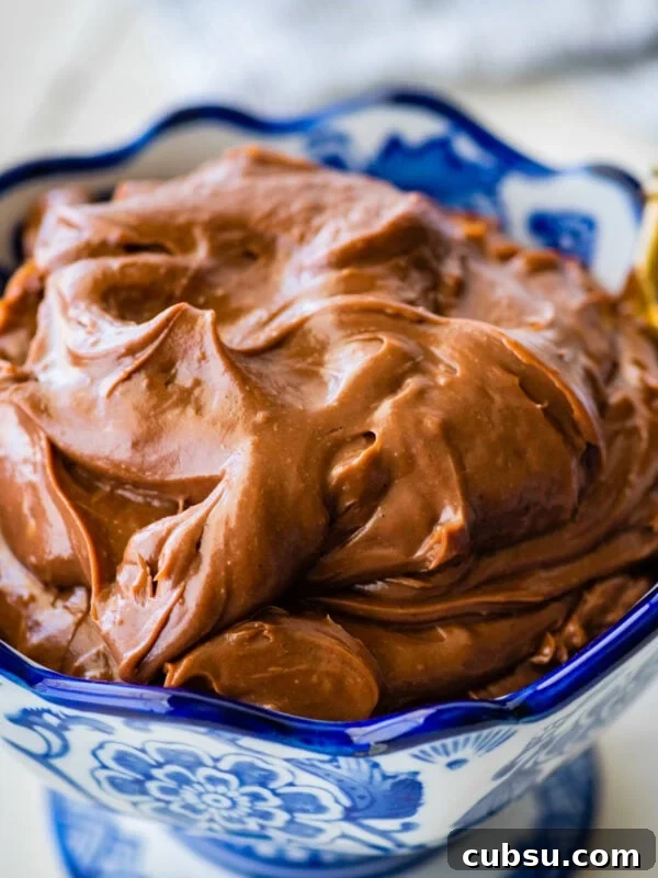 Christiane’s Classic Chocolate Mousse Recipe 3 white and blue serving bowl with the chocolate pastry cream. Gold spoon in the bowl.