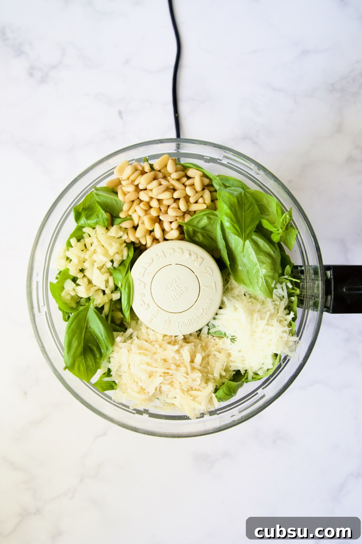 Ingredients for Pesto Genovese in food processor before being pureed.