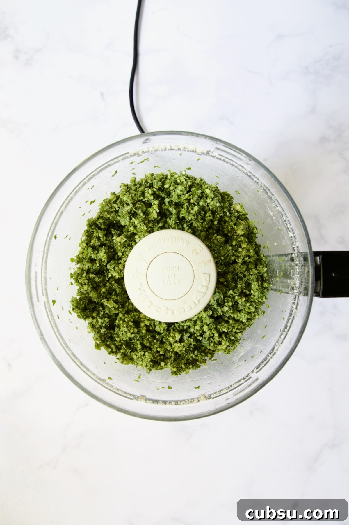 Chopped basil, pine nuts, garlic and cheese in food processor.