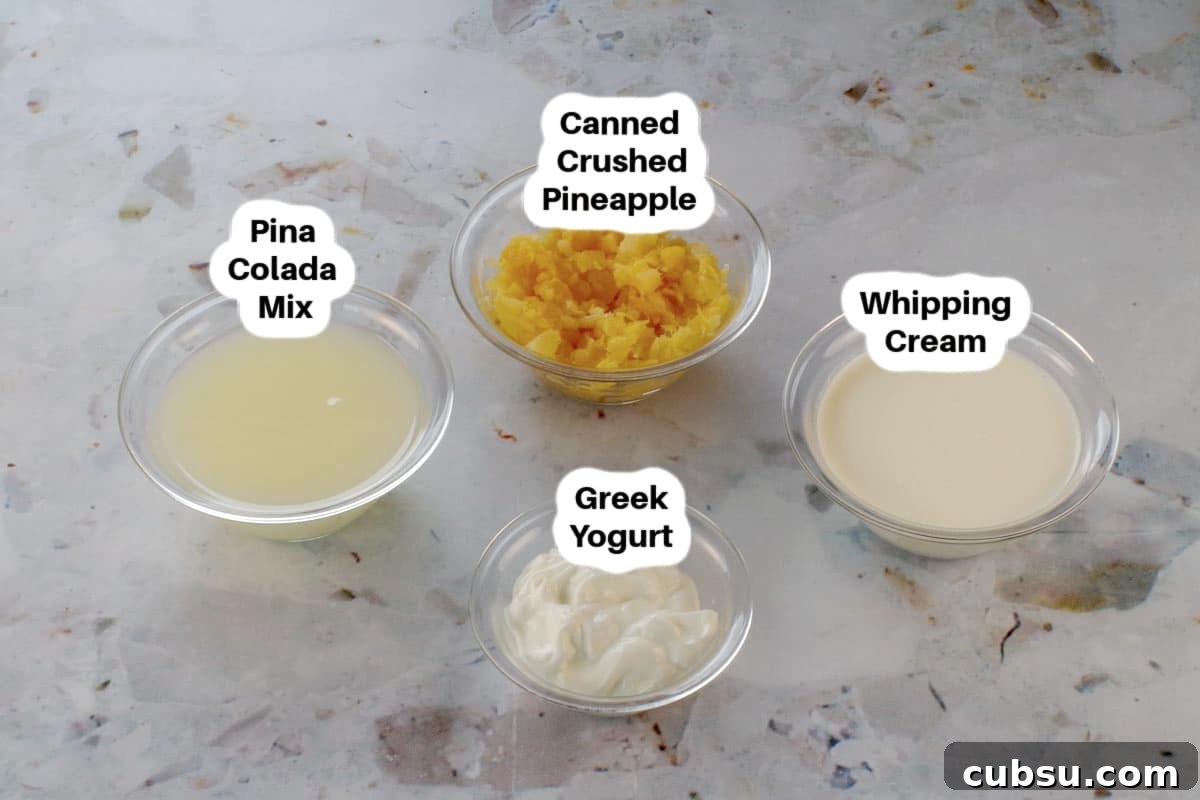Pina Colada Popsicle recipe ingredients in glass bowls, labelled.