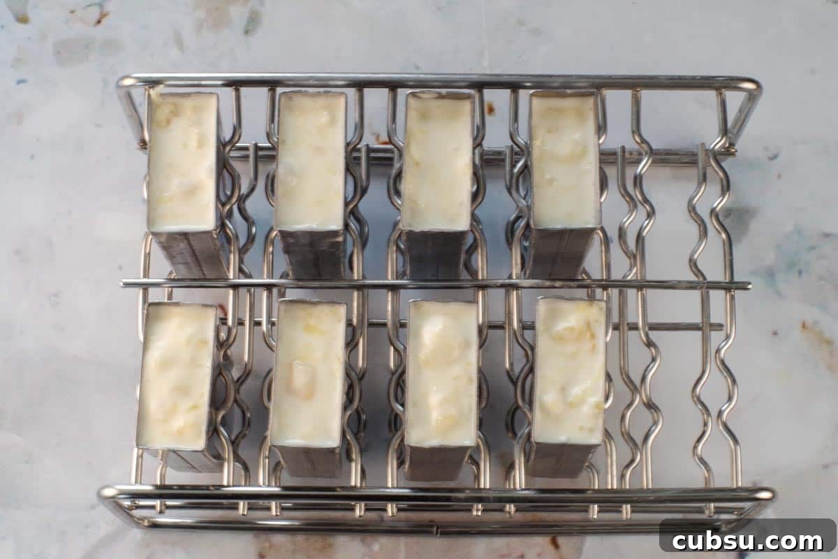Liquid ingredients poured into popsicle molds.