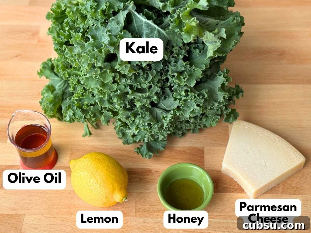 Ingredients to make recipe on butcher block background: bunch of curly kale, lemon, olive oil and honey cups, and a triangle of Parmesan cheese with some missing.