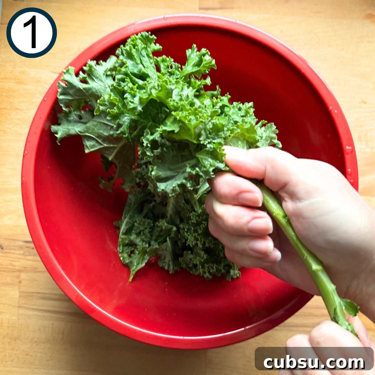Hand removing kale leaves from the stalk.