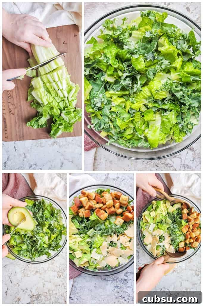 Prep: chop greens and toss the salad. Prep image collage showing lettuce being chopped and salad being tossed in glass bowl.