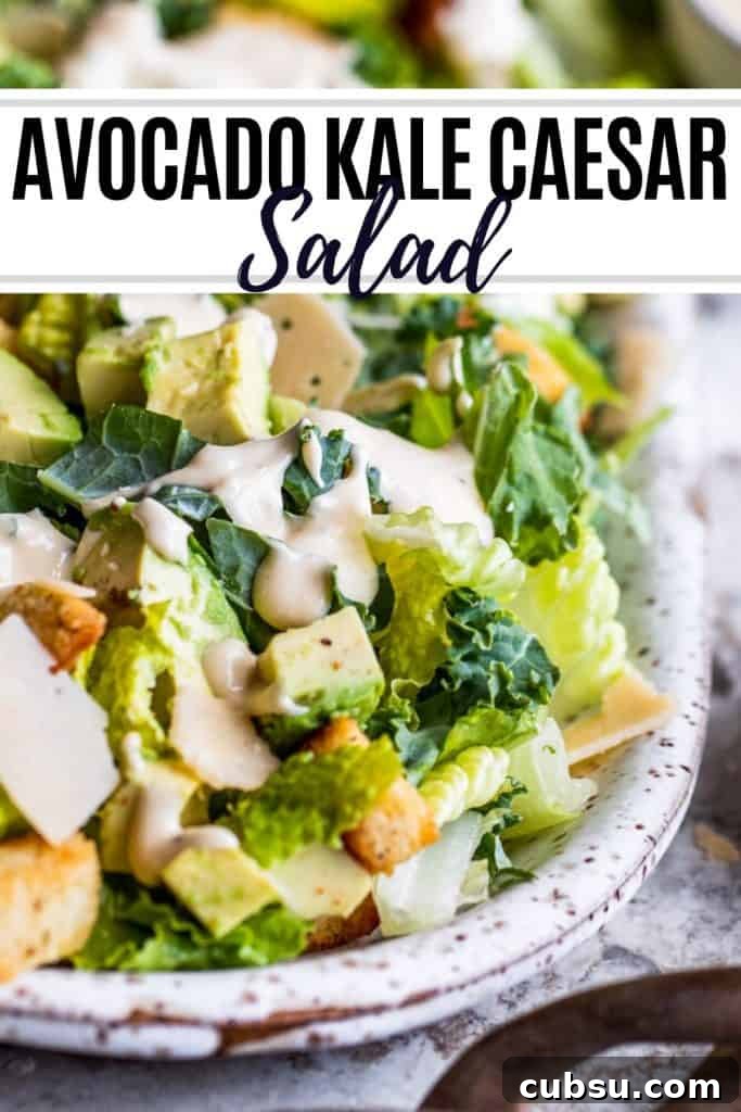 Kale Caesar Salad recipe pin image. Pin for salad with black text overlay.