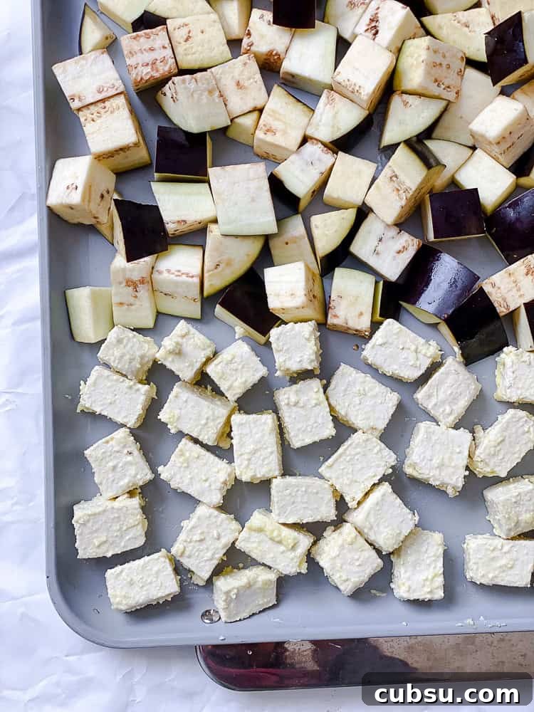 process shot showing tofu on baking sheet