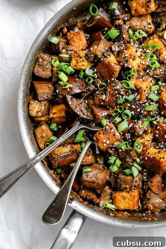 completed Sticky Eggplant and Tofu [Bake + Stir-Fry] on a plate